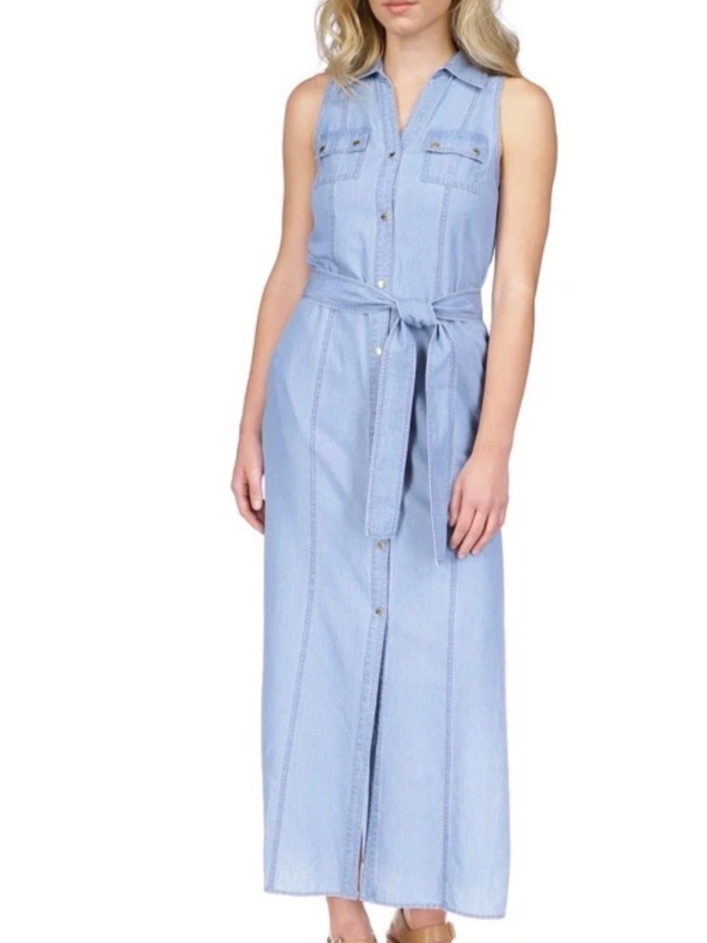 Micheal Kors Women's Sleeveless Belted Maxi Shirt Dress Light Blue Denim PM